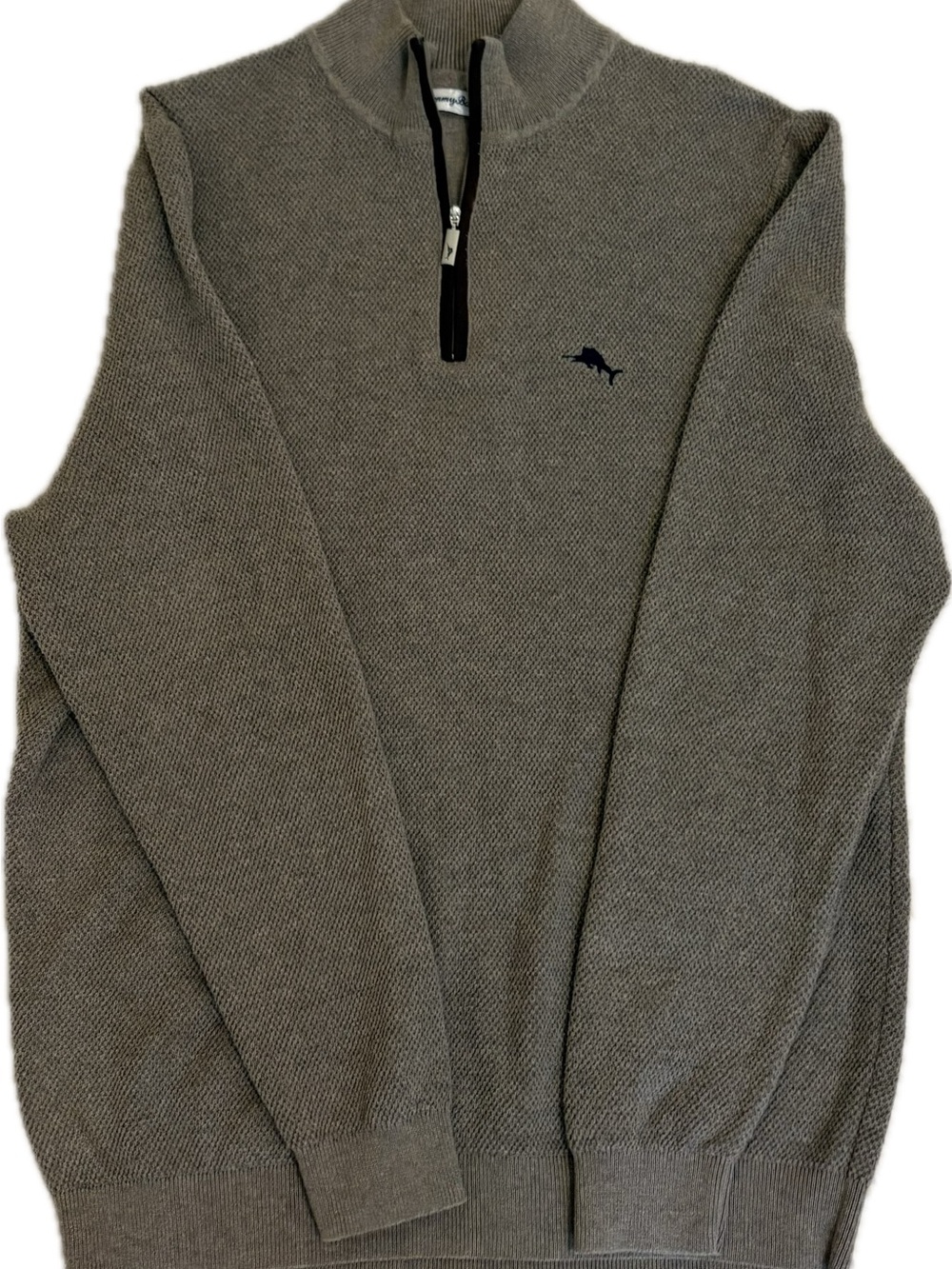 Tommy Bahama Men's Zip Sweater in Taupe with Navy Embroidered Marlin
